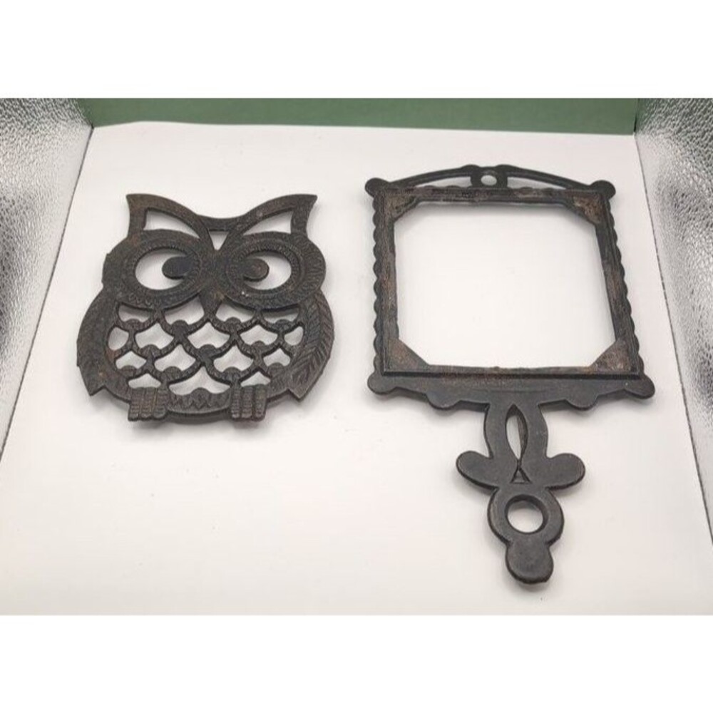 Vintage Cast Iron Owl and Frame Trivets